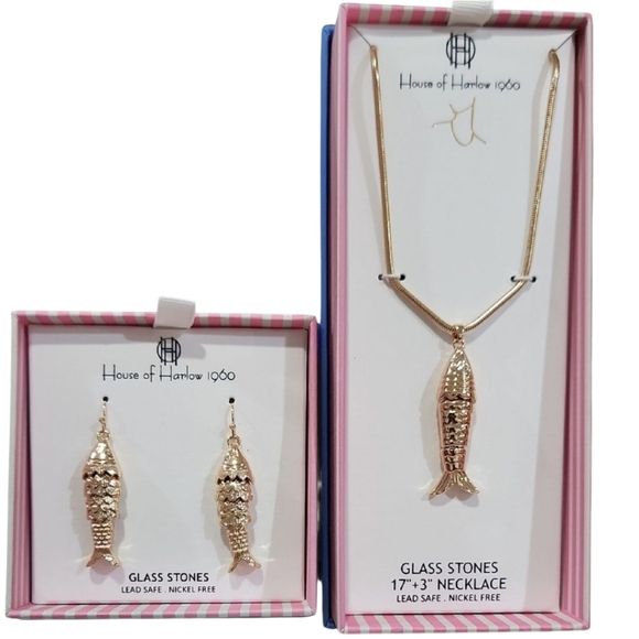 🔹️House of Harlow🔹️1960 Gold Sardine Fish Necklace and Earrings Set Bundle - Picture 1 of 5